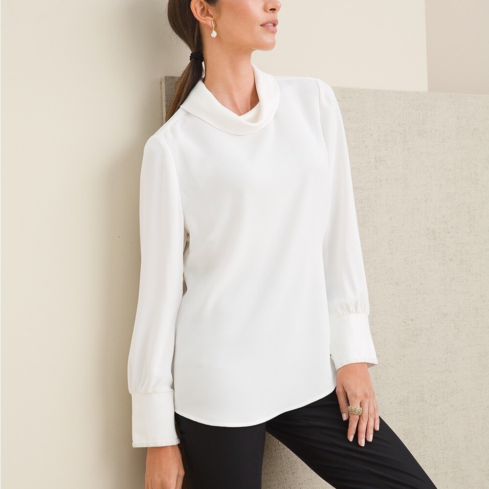 Chico’s Drape-Neck Solid Cuff Blouse Ecru Chico’s SZ 2